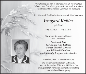 Traueranzeige von Irmgard Keßler 
