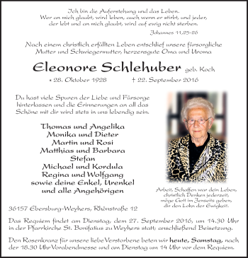 Traueranzeige von Eleonore Schlehuber 