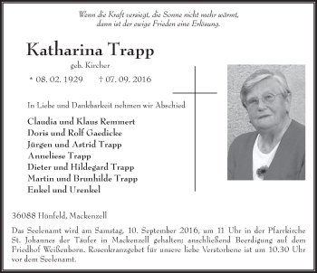 Traueranzeige von Katharina Trapp 