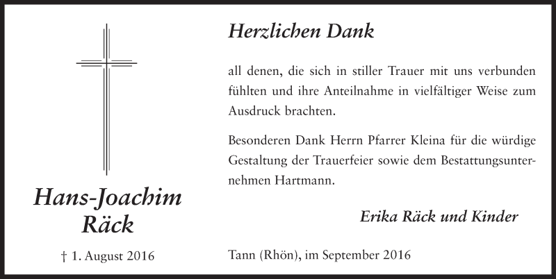  Traueranzeige für Hans-Joachim Räck vom 02.09.2016 aus 