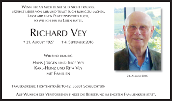 Traueranzeige von Richard Vey 
