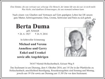 Traueranzeige von Berta Duma 
