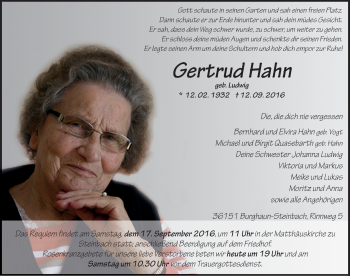 Traueranzeige von Gertrud Hahn 