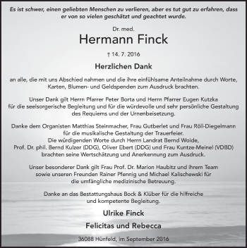 Traueranzeige von Hermann Finck 