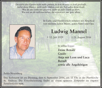 Traueranzeige von Ludwig Mannel 
