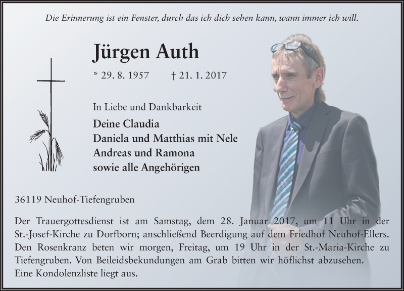  Traueranzeige für Jürgen Auth vom 26.01.2017 aus 