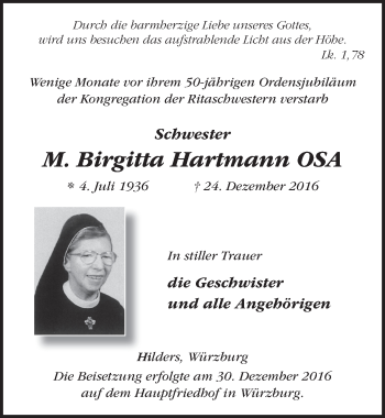 Traueranzeige von Birgitta Hartmann 