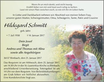 Traueranzeige von Hildegard Schmitt 