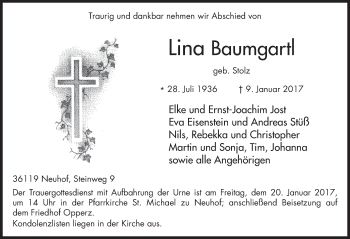 Traueranzeige von Lina Baumgartl 
