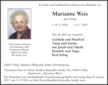 Traueranzeige von Marianne Weis 