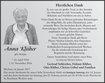 Traueranzeige von Anna Klüber 