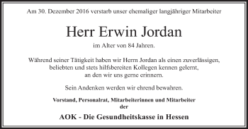 Traueranzeige von Erwin Jordan 