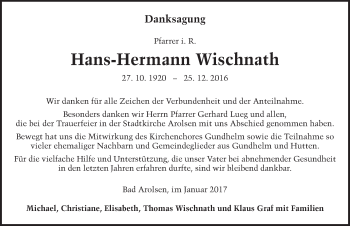 Traueranzeige von Hans-Hermann Wischnath 