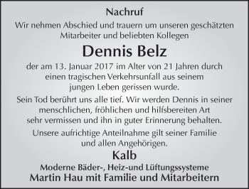 Traueranzeige von Dennis Belz 