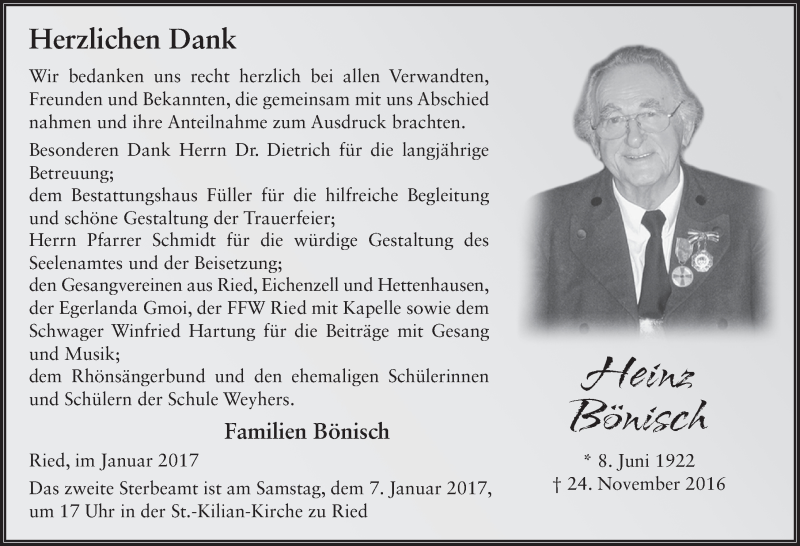  Traueranzeige für Heinz Bönisch vom 03.01.2017 aus 