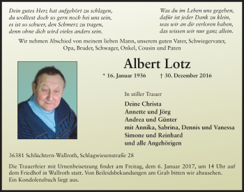 Traueranzeige von Albert Lotz 