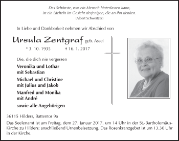 Traueranzeige von Ursula Zentgraf 