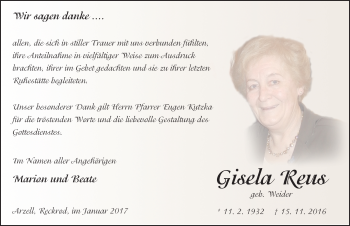 Traueranzeige von Gisela Reus 