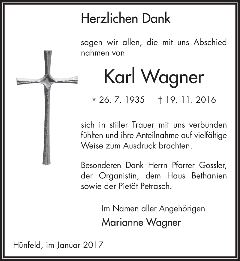  Traueranzeige für Karl Wagner vom 07.01.2017 aus 