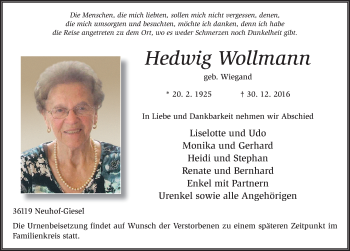 Traueranzeige von Hedwig Wollmann 