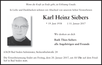Traueranzeige von Karl Heinz Siebers 