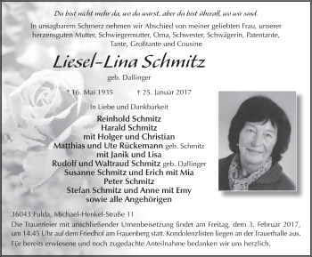 Traueranzeige von Liesel-Lina Schmitz 