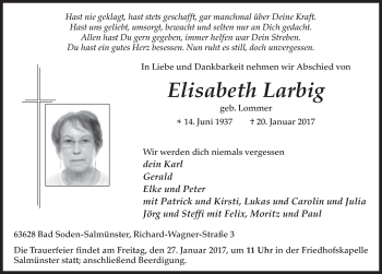 Traueranzeige von Elisabeth Larbig 