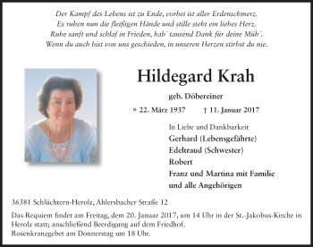 Traueranzeige von Hildegard Krah 