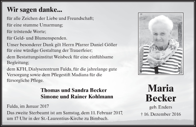  Traueranzeige für Maria Becker vom 28.01.2017 aus 
