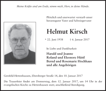 Traueranzeige von Helmut Kirsch 