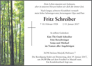 Traueranzeige von Fritz Schreiber 