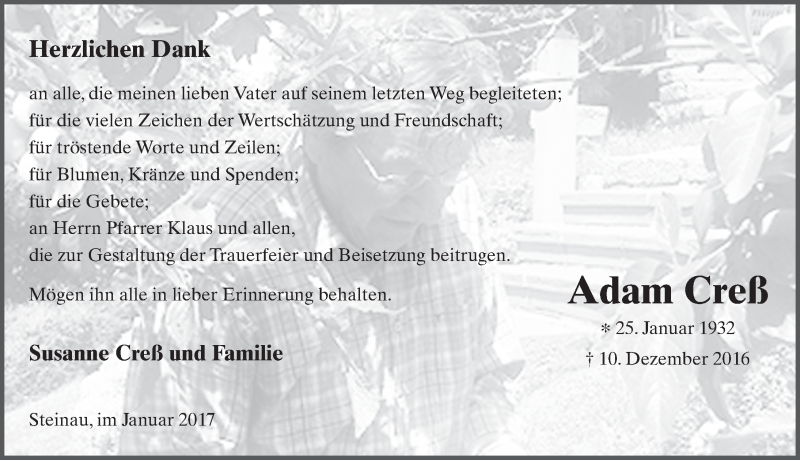  Traueranzeige für Adam Creß vom 07.01.2017 aus 