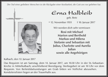 Traueranzeige von Erna Halbleib 