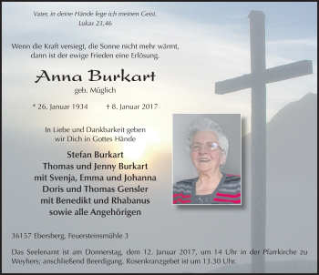 Traueranzeige von Anna Burkart 