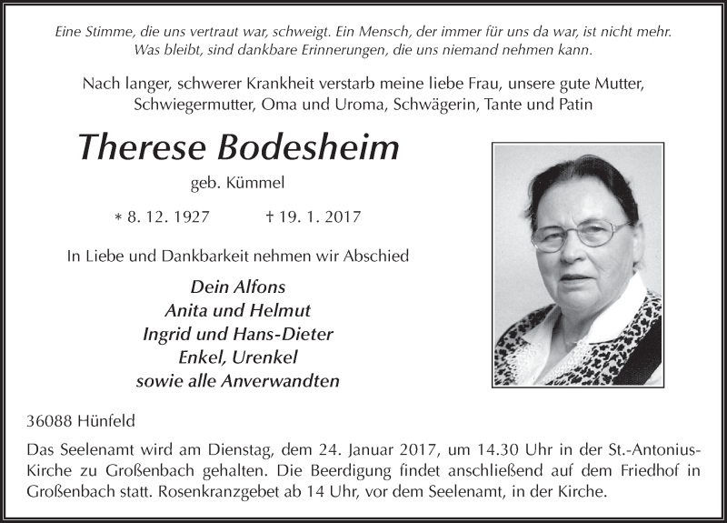  Traueranzeige für Therese Bodesheim vom 21.01.2017 aus 