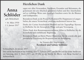 Traueranzeige von Anna Schlöder 
