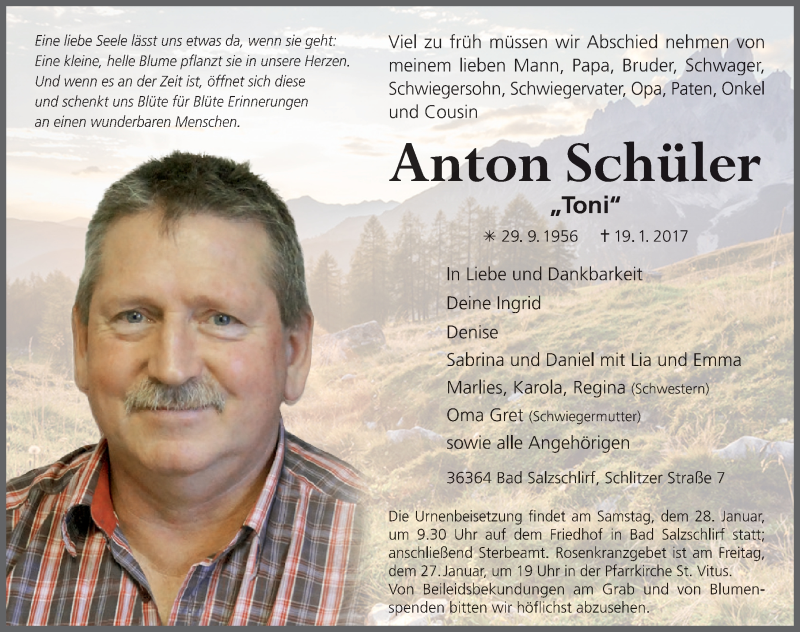  Traueranzeige für Anton Schüler vom 26.01.2017 aus 