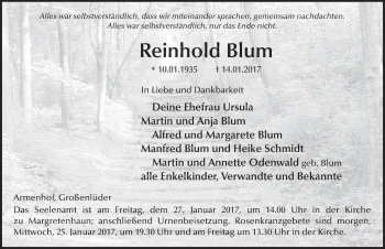 Traueranzeige von Reinhold Blum 