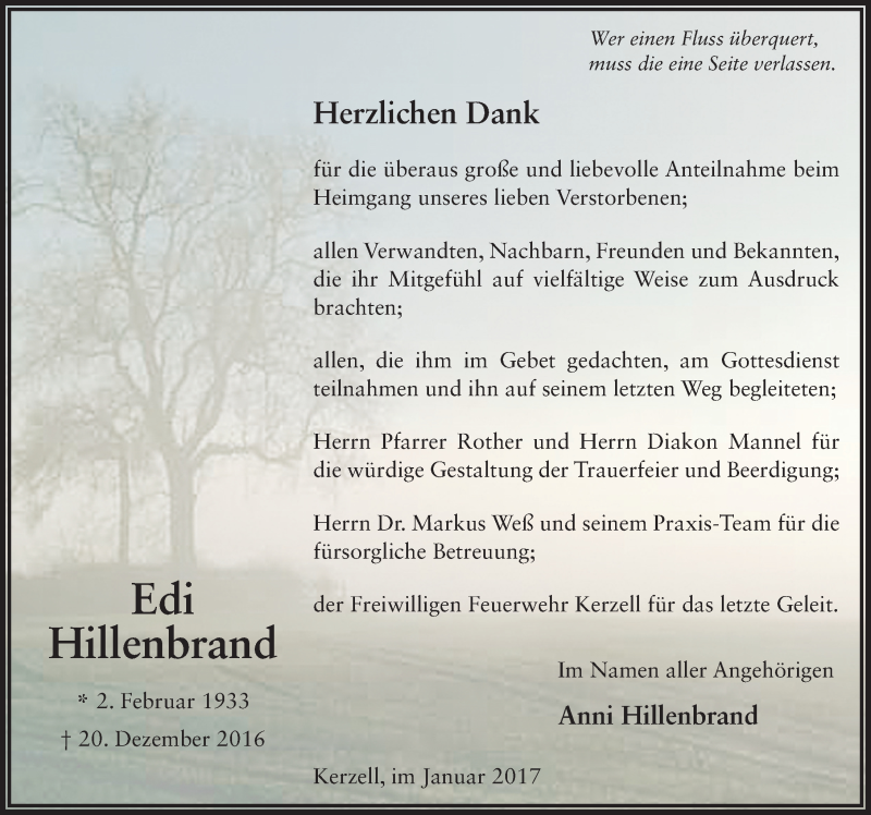  Traueranzeige für Edi Hillenbrand vom 28.01.2017 aus 