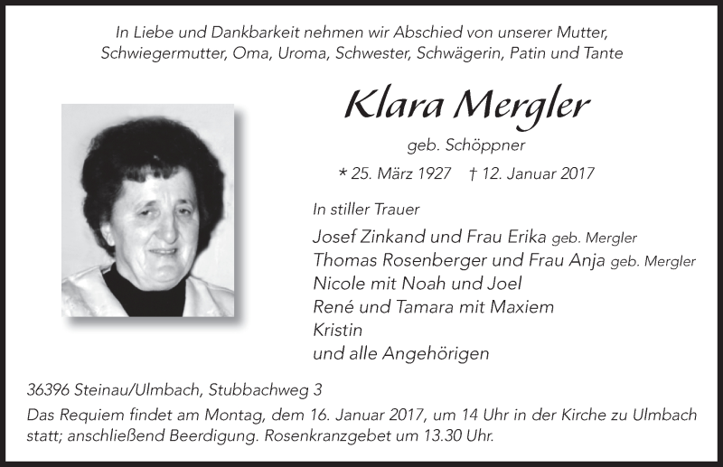  Traueranzeige für Klara Mergler vom 14.01.2017 aus 