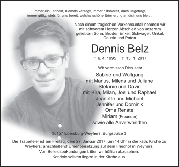 Traueranzeige von Dennis Belz 