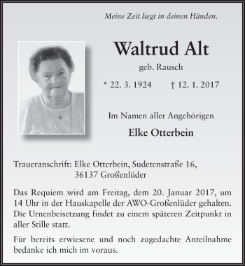 Traueranzeige von Waltrud Alt 