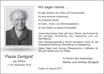 Traueranzeige von Paula Zentgraf 