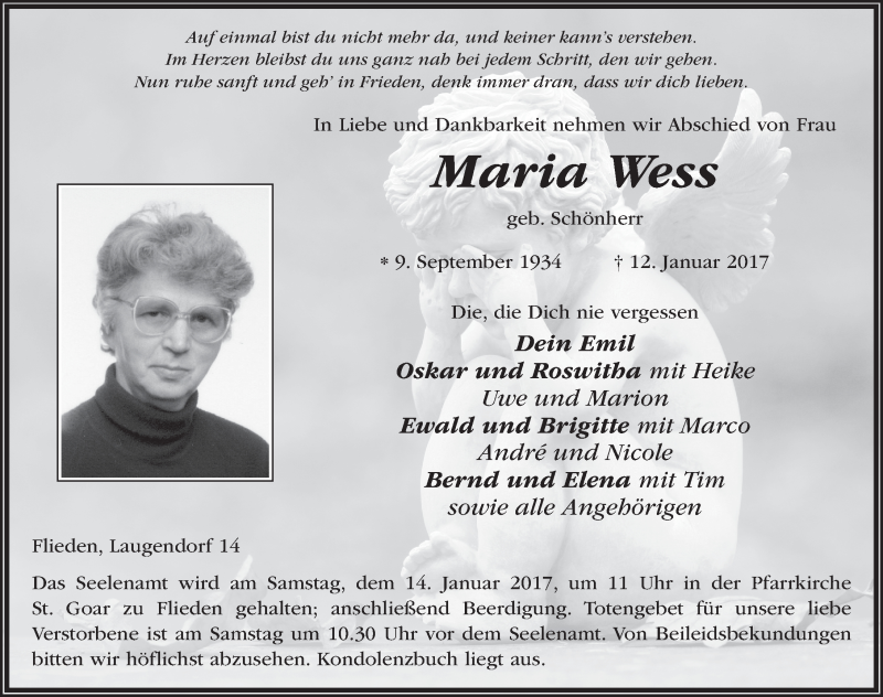  Traueranzeige für Maria Wess vom 13.01.2017 aus 