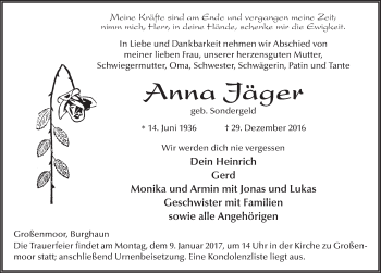 Traueranzeige von Anna Jäger 