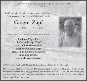 Traueranzeige von Gregor Zäpf 