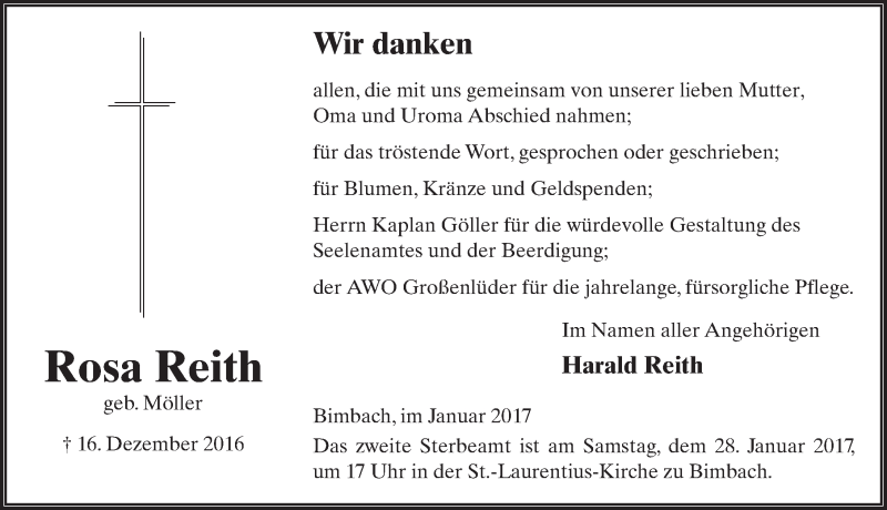  Traueranzeige für Rosa Reith vom 25.01.2017 aus 