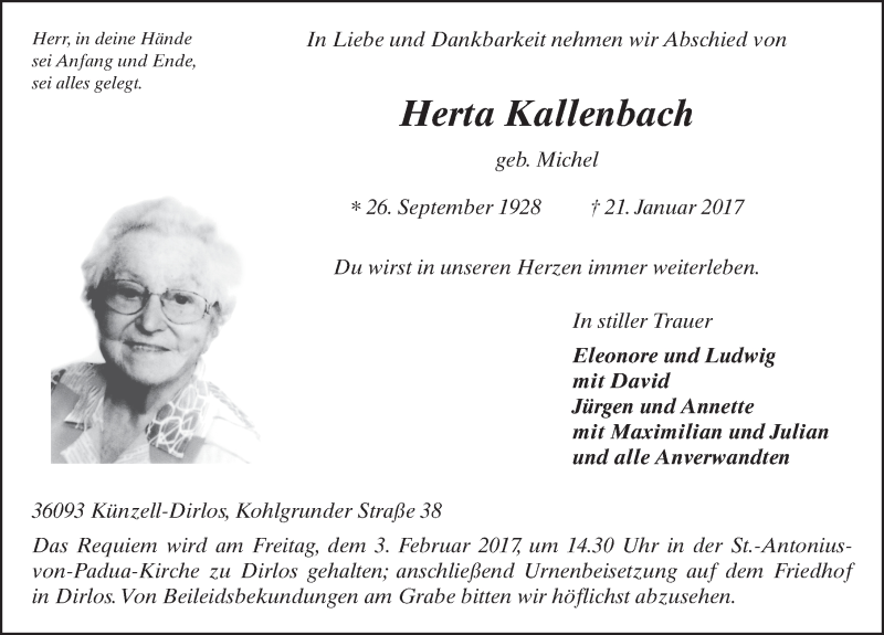  Traueranzeige für Herta Kallenbach vom 30.01.2017 aus 
