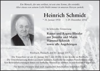 Traueranzeige von Heinrich Schmidt 