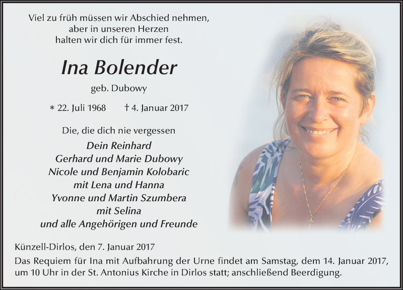  Traueranzeige für Ina Bolender vom 07.01.2017 aus 